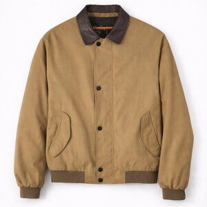 Eddie Bauer Harrington Bomber Jacket Khaki Leather Collar Snap Front Zip Mens L